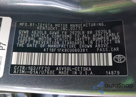 2012 Toyota Camry Se из США, поврежденный, VIN 4T1BF1FK8CU060381